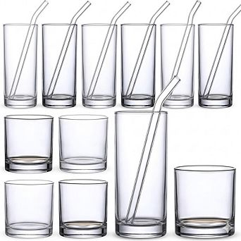 12 Pack Glass Cups with Straws, Drinking Glass Set for Coffee & Cocktails