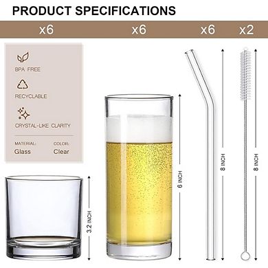 12 Pack Glass Cups with Straws, Drinking Glass Set for Coffee & Cocktails