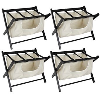 Set of 4 Black Folding Wooden Luggage Racks with Storage Shelf, for Home Guest Room and Hotel Use