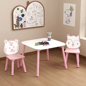Pink & White 3 pc Kids Table and Chair Set, Wooden Toddler Desk with Animal Backrest for Playroom