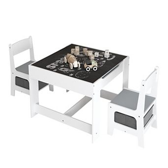 3-in-1 Wooden Kids Table & Chairs Set with Storage Drawer, Detachable Tabletop for Playroom