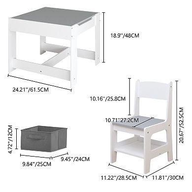 3-in-1 Wooden Kids Table & Chairs Set with Storage Drawer, Detachable Tabletop for Playroom