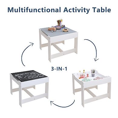 3-in-1 Wooden Kids Table & Chairs Set with Storage Drawer, Detachable Tabletop for Playroom