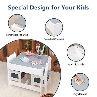 3-in-1 Wooden Kids Table & Chairs Set with Storage Drawer, Detachable Tabletop for Playroom
