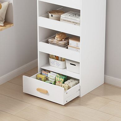 4-Tier Bookshelf with 4 Drawers, White & Wood Storage Cabinet