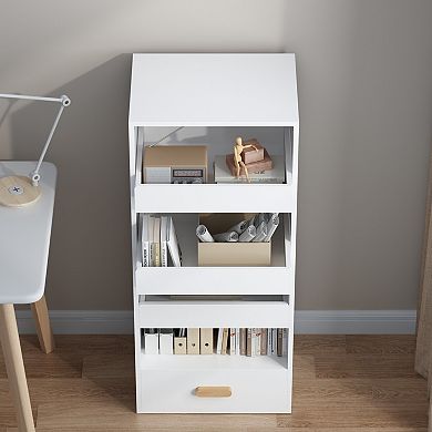 4-Tier Bookshelf with 4 Drawers, White & Wood Storage Cabinet