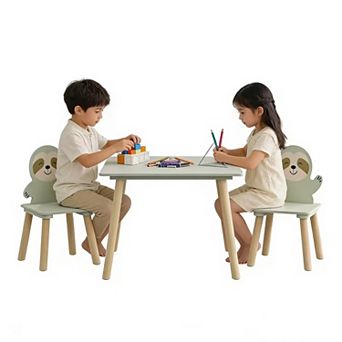 Sage Green & Wood Kids Table and 2 Sloth Chairs Set, Wooden Toddler Activity Table for Playroom