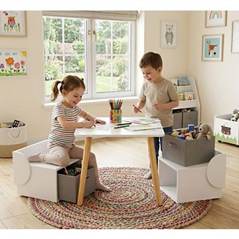 White & Natural 3 pc Kids Table and 2 Chairs Set with Storage Bins, Wooden Toddler Activity Table
