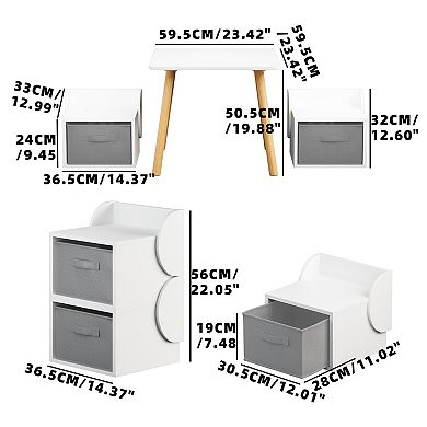 White & Natural 3-Piece Kids Table and 2 Chairs Set with Storage Bins, Wooden Toddler Activity Table