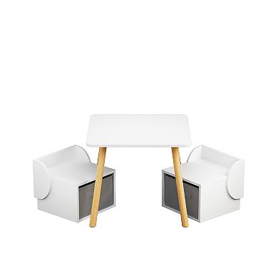 White & Natural 3-Piece Kids Table and 2 Chairs Set with Storage Bins, Wooden Toddler Activity Table