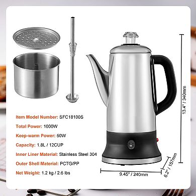 12-Cup Electric Percolator Coffee Pot with Keep Warm Function and Heat-Resistant Handle, Silver