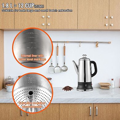 12-Cup Electric Percolator Coffee Pot with Keep Warm Function and Heat-Resistant Handle, Silver
