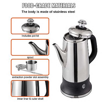 12-Cup Electric Percolator Coffee Pot with Keep Warm Function and Heat-Resistant Handle, Silver