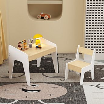 White & Natural Wooden Kids Table Set with Chair, Study Desk for Ages 2-8, Playroom Furniture