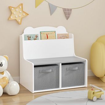 White & Gray Kids Bookshelf with 2 Fabric Bins, Cute Bear Backboard Toy Organizer
