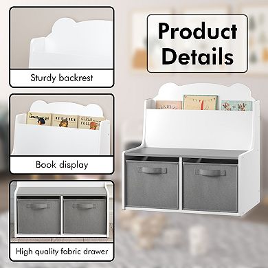 White & Gray Kids Bookshelf with 2 Fabric Bins, Cute Bear Backboard Toy Organizer