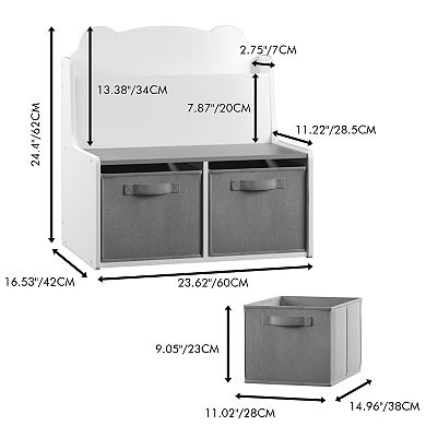 White & Gray Kids Bookshelf with 2 Fabric Bins, Cute Bear Backboard Toy Organizer