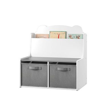 White & Gray Kids Bookshelf with 2 Fabric Bins, Cute Bear Backboard Toy Organizer