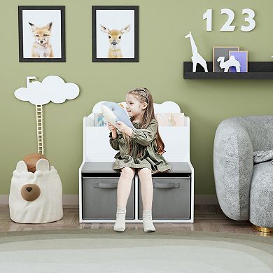White & Gray Kids Bookshelf with 2 Fabric Bins, Cute Bear Backboard Toy Organizer