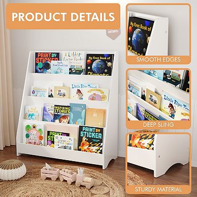White 4-Tier Kids Bookshelf, Toddler Book Display for Playroom and Classroom