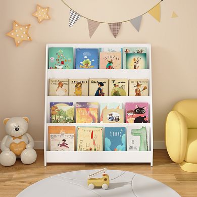 White 4-Tier Kids Bookshelf, Toddler Book Display for Playroom and Classroom
