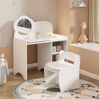 White Kids Wooden Vanity Table with Mirror, Chair & Storage, Activity Desk for Playroom