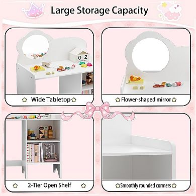 White Kids Wooden Vanity Table with Mirror, Chair & Storage, Activity Desk for Playroom
