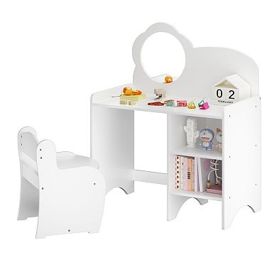 White Kids Wooden Vanity Table with Mirror, Chair & Storage, Activity Desk for Playroom