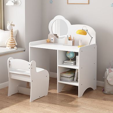 White Kids Wooden Vanity Table with Mirror, Chair & Storage, Activity Desk for Playroom