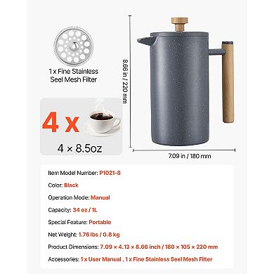 34 oz Stainless Steel French Press Coffee Maker Press, Black