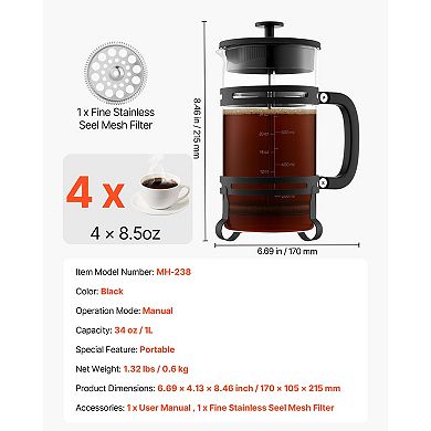 34 oz Borosilicate Glass French Coffee Maker Tea Press Silver