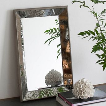 24" x 15" Antique Silver Rectangle Hanging Wall Mirror with Floral Accents, Mirrored Display Tray,