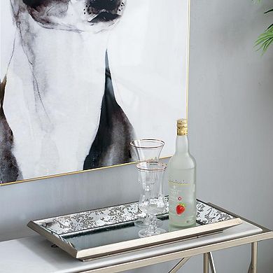 24" x 15" Antique Silver Rectangle Hanging Wall Mirror with Floral Accents, Mirrored Display Tray,