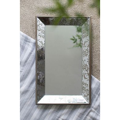 24" x 15" Antique Silver Rectangle Hanging Wall Mirror with Floral Accents, Mirrored Display Tray,