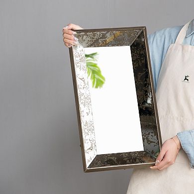 24" x 15" Antique Silver Rectangle Hanging Wall Mirror with Floral Accents, Mirrored Display Tray,
