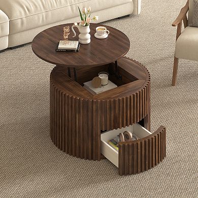 Modern Fluted Wood Accent Coffee Table with Hidden Storage for Living Room