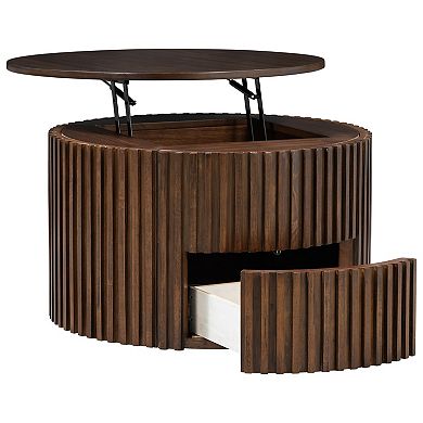 Modern Fluted Wood Accent Coffee Table with Hidden Storage for Living Room