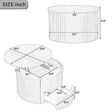 Modern Fluted Wood Accent Coffee Table with Hidden Storage for Living Room
