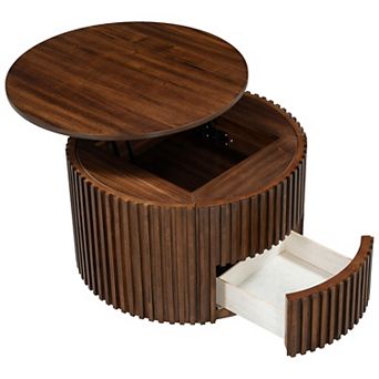 Modern Fluted Wood Accent Coffee Table with Hidden Storage for Living Room