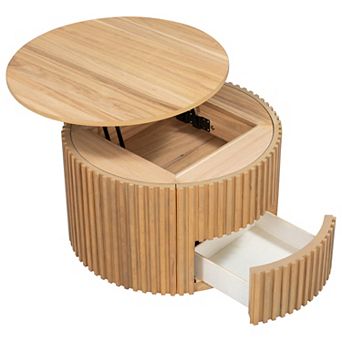 Modern Fluted Wood Accent Coffee Table with Hidden Storage for Living Room