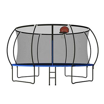 14 FT Pumpkin Trampoline, Outdoor Trampoline with Basketball Hoop, Enclosure Net and Ladder