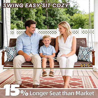 3 Person Brown Patio Porch Swing Chair with Extended Chains and Pillows