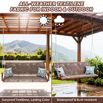 3 Person Brown Patio Porch Swing Chair with Extended Chains and Pillows