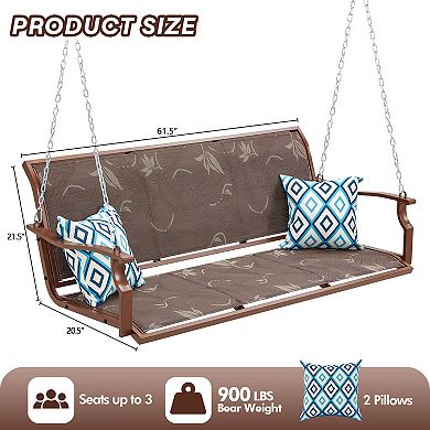 3 Person Brown Patio Porch Swing Chair with Extended Chains and Pillows