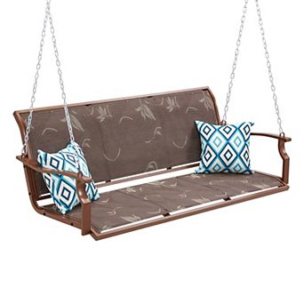 3 Person Brown Patio Porch Swing Chair with Extended Chains and Pillows