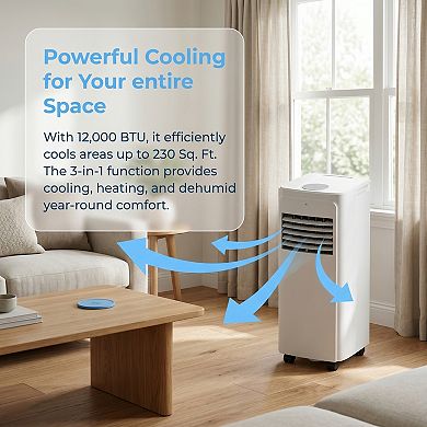 12000 BTU Portable Air Conditioner Cools 230 Sq. Ft. with Heater and Dehumidifier, Remote in White