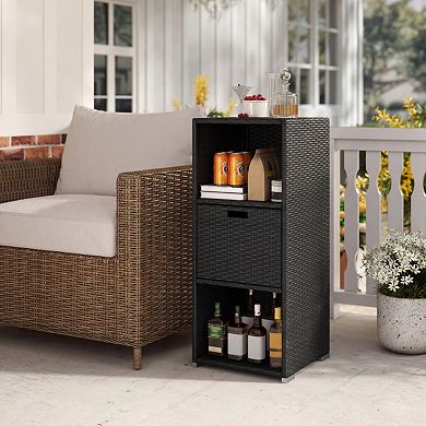 Outdoor Wicker Storage Cabinet with Drawer and 3-Tier Shelves