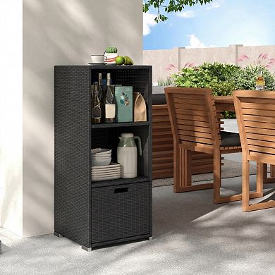 Outdoor Wicker Storage Cabinet with Drawer and 3-Tier Shelves