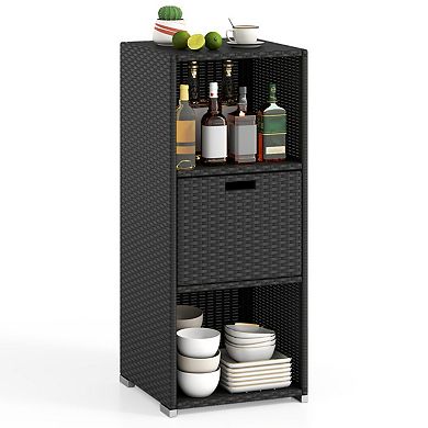 Outdoor Wicker Storage Cabinet with Drawer and 3-Tier Shelves