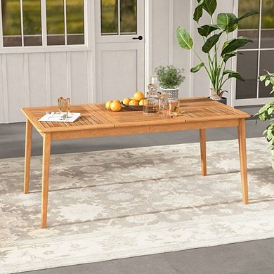 6-Person Outdoor Acacia Wood Dining Table, Rectangular Bistro Table with Umbrella Hole